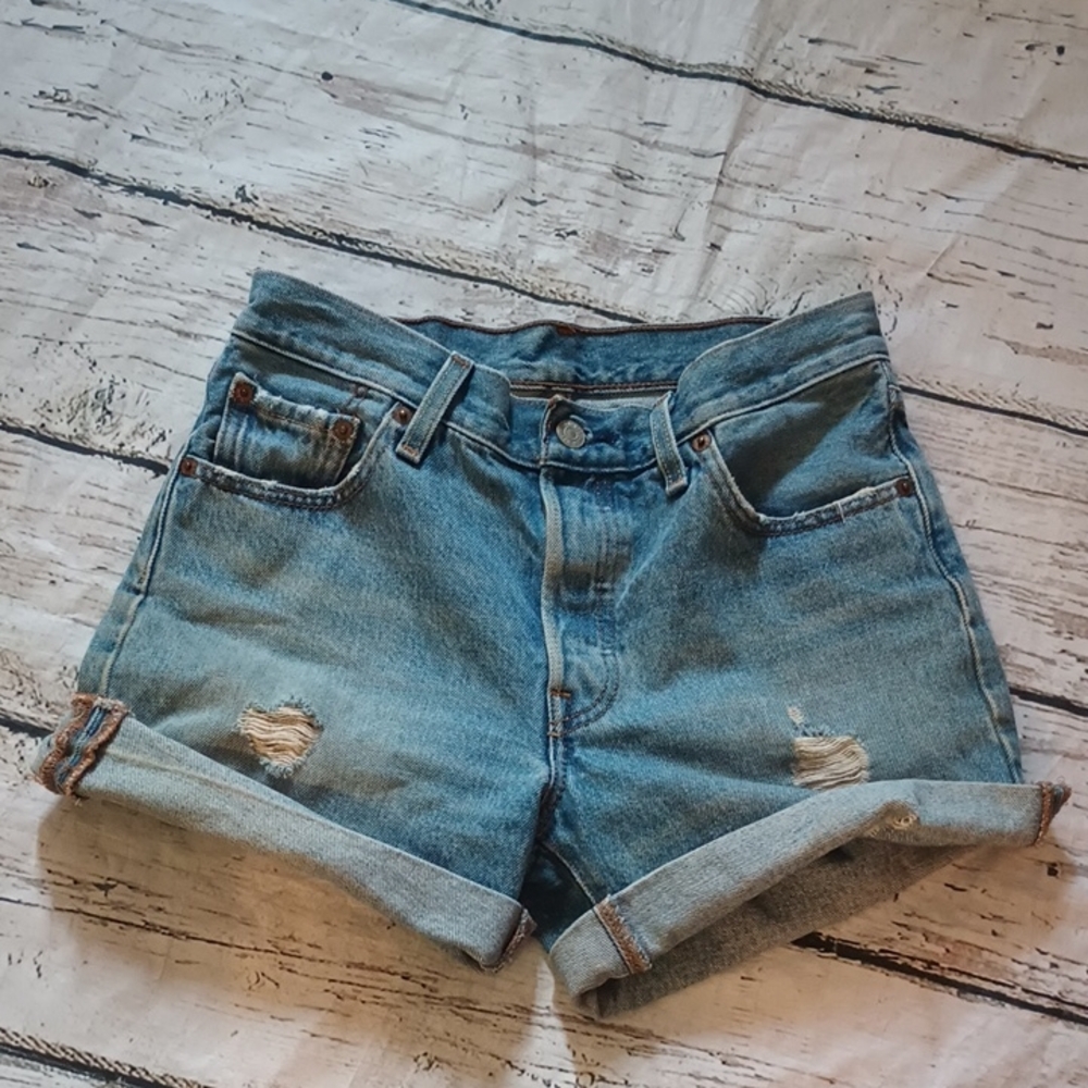 Levi's Women's 501 Blue Med Wash Distressed Denim Cuff Shorts 25